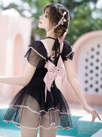 Dot Sheer Ruffle Lace Up Lolita Girly Dress Swimsuit