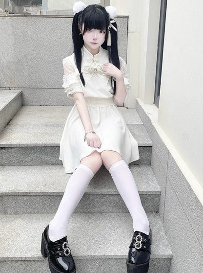 Chinese-style Lace Ribbon Off-shoulder Dress