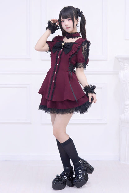 Jirai Stripe Lace Puff Sleeve Top + Short Skirt