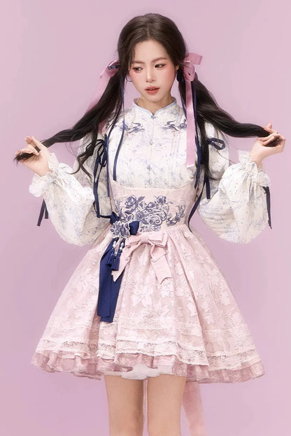 Sweet Chinese-style Dress + Top + Ribbon