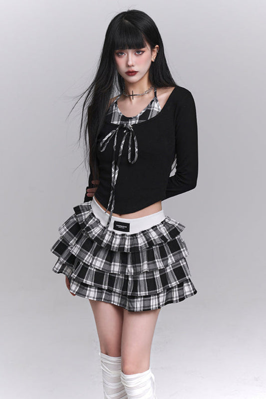 Plaid Top + Short Puff Skirt