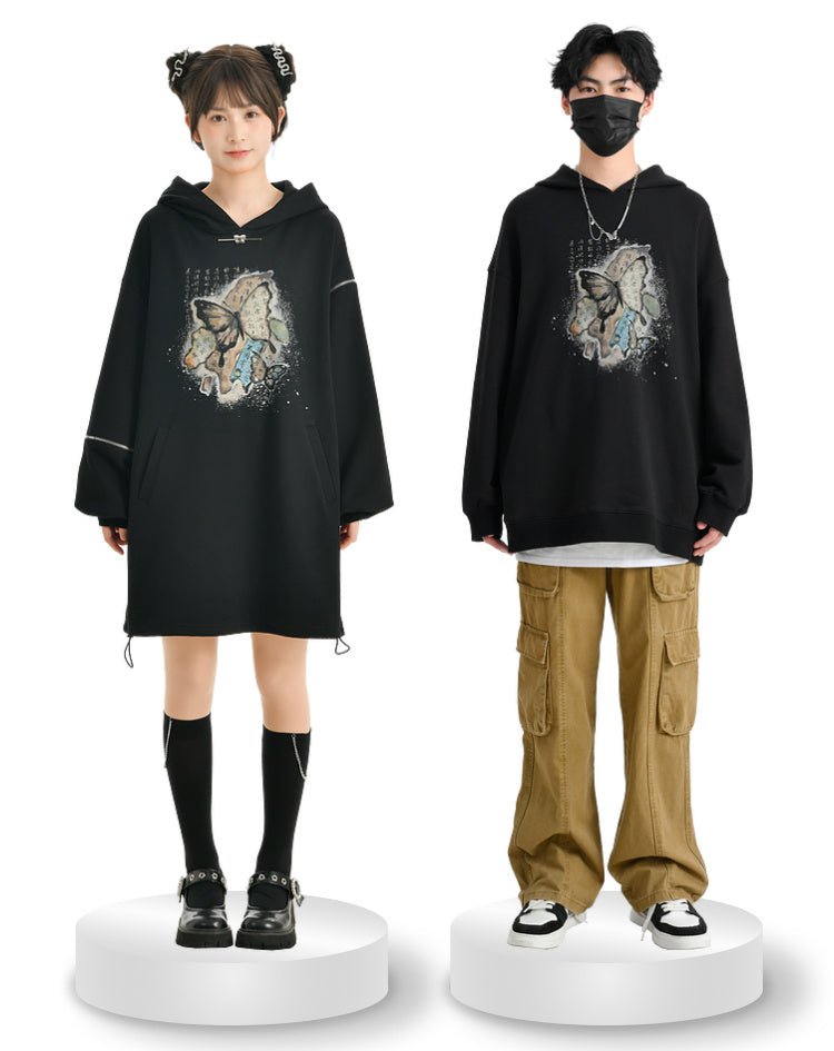 Chinese-style Butterfly Cropped Sweatshirt + Zip Design Hoodie Dress + Black Hoodie [pre-order]