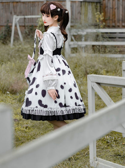 Fur Coat + Cow Suspender Skirt + Blouse