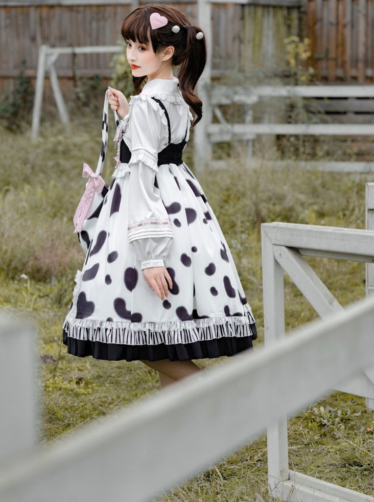 Fur Coat + Cow Suspender Skirt + Blouse