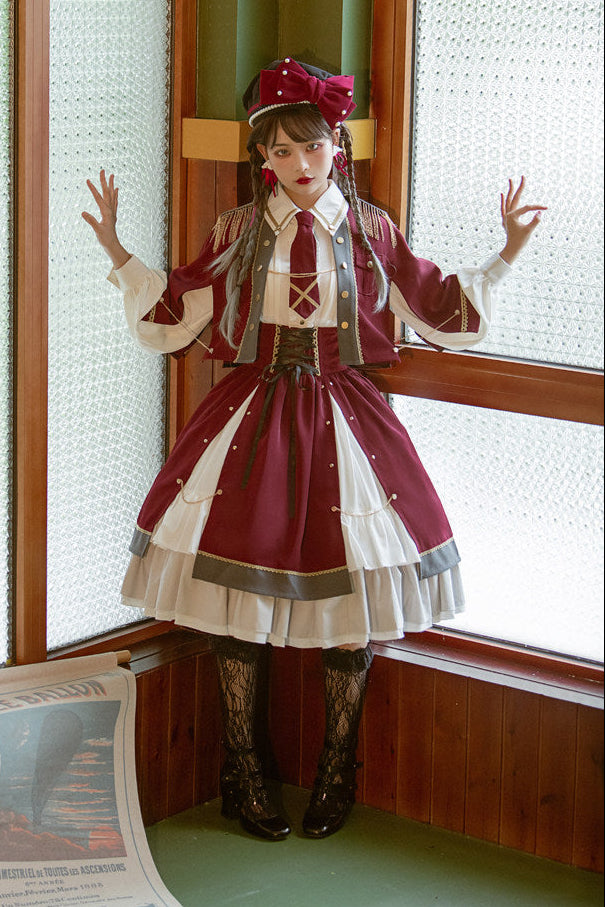 Military Style Cape Jacket + Ruffled Blouse With Tie + Waist Marked Split Layered Skirt