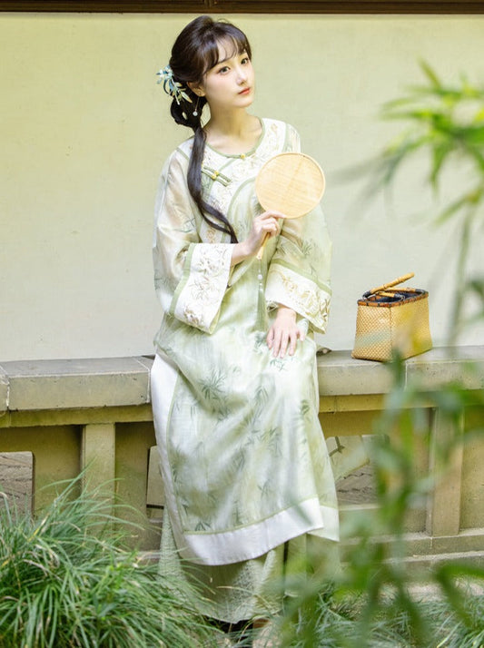 Summer Green Retro Chinese-style Top + Inner Camisole + Long Skirt