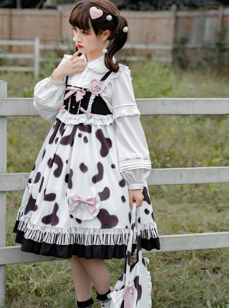 Fur Coat + Cow Suspender Skirt + Blouse