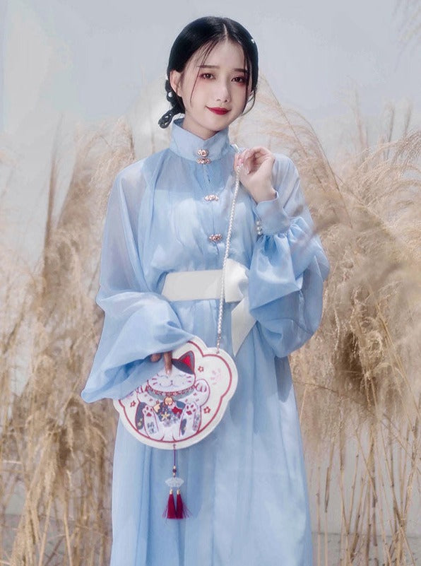Waist Belt Sheer Stand Collar Puff Sleeve Dress