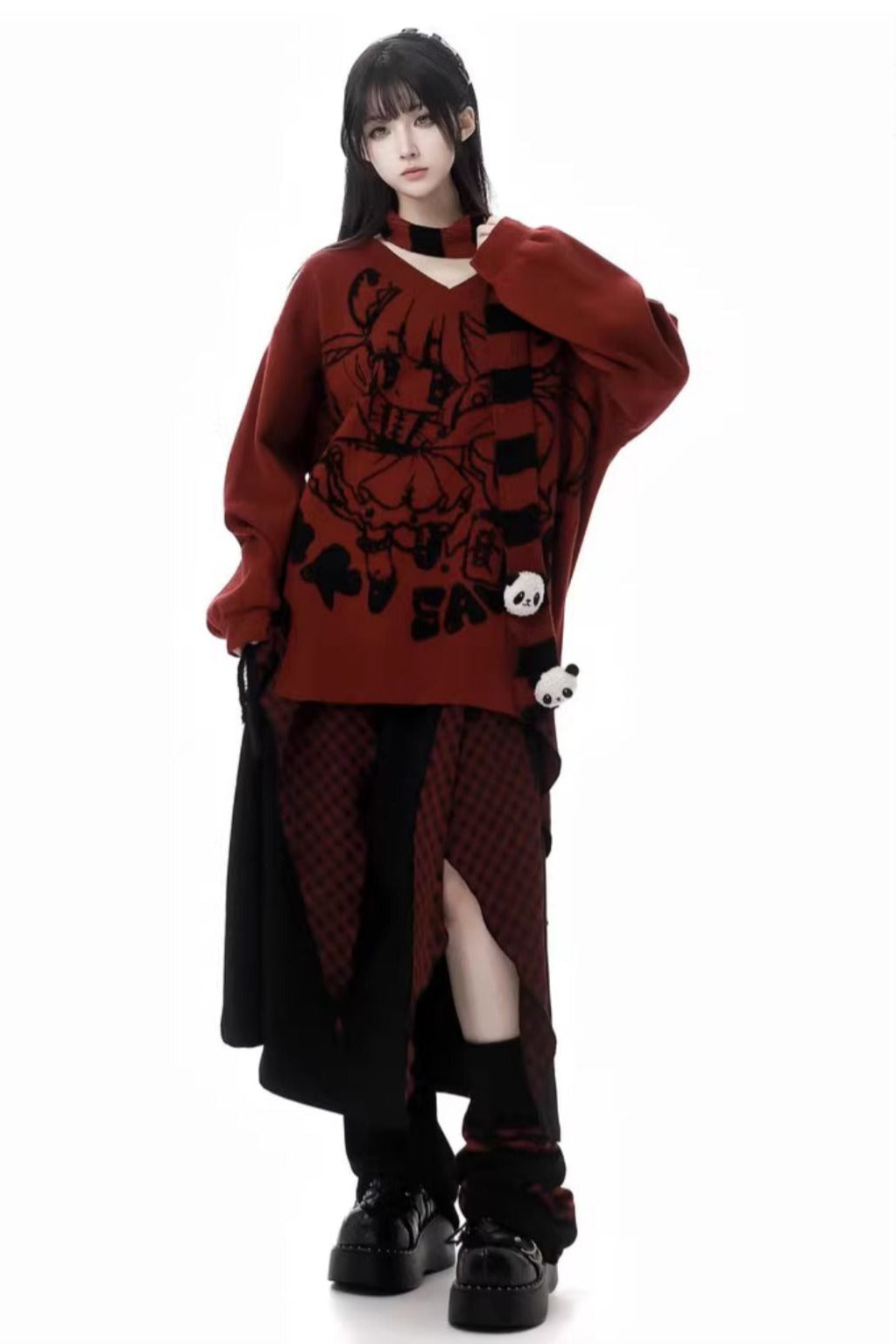 Chinese-style Illustration V Neck Knit Slim Sweater Design Shirt & Skirt Set