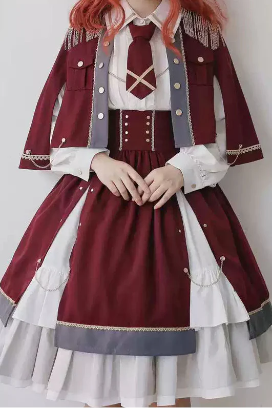 Military Style Cape Jacket + Ruffled Blouse With Tie + Waist Marked Split Layered Skirt
