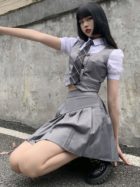 Plaid Necktie Shirt + Double-breasted Vest + Asymmetric Pleated Skirt