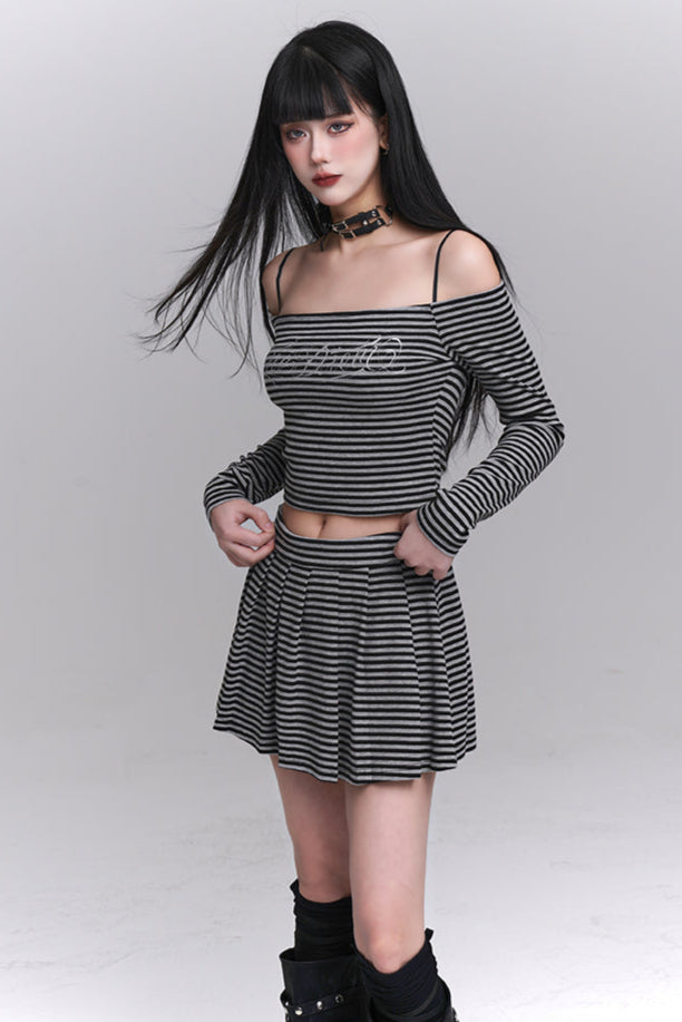 Striped Off-shoulder Top + Short Skirt