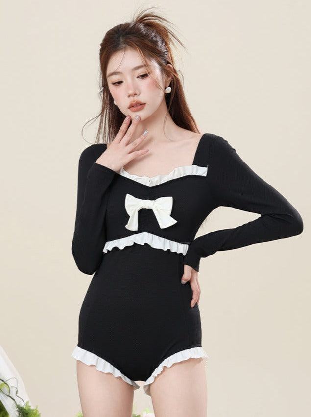 Cover Long Sleeve Monochrome Ribbon Swimsuit