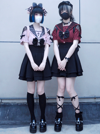 [pre-order] Lace Cross Collar Top + High Waist Skirt