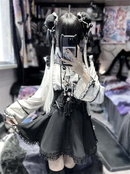 Ruffled Lace-up High Waist Suspender Skirt