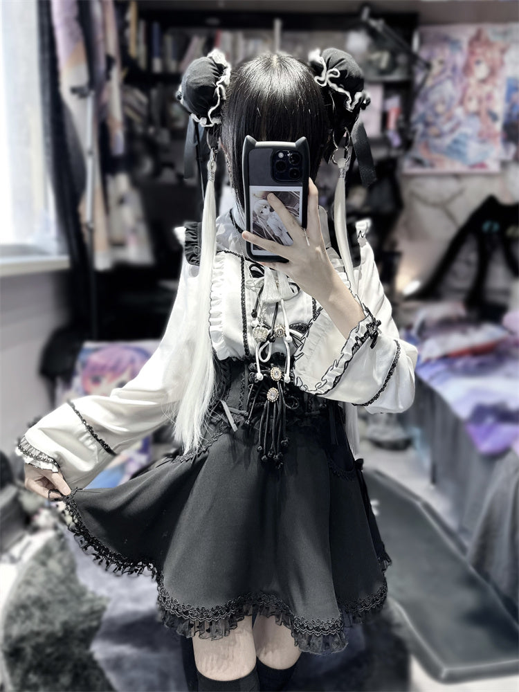 Ruffled Lace-up High Waist Suspender Skirt