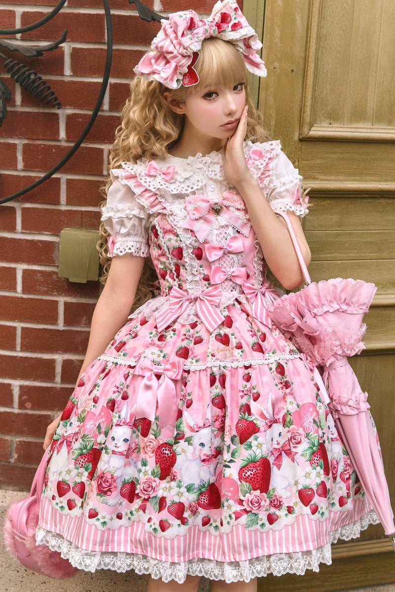 [pre-order Deadline: April 29] Strawberry Rabbit Ear Ribbon Shirt + Ruffled Shoulder Lace Ribbon Jk School Uniform Dress + Full Set/complete Set