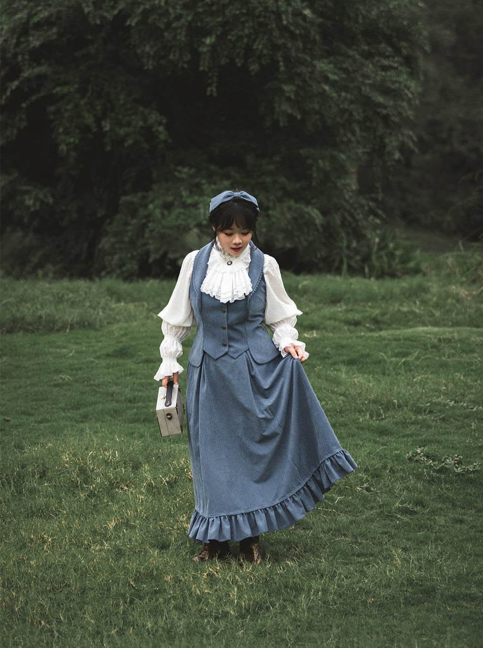 Classical Retro Blouse + Colored Vest + Flared Long Skirt