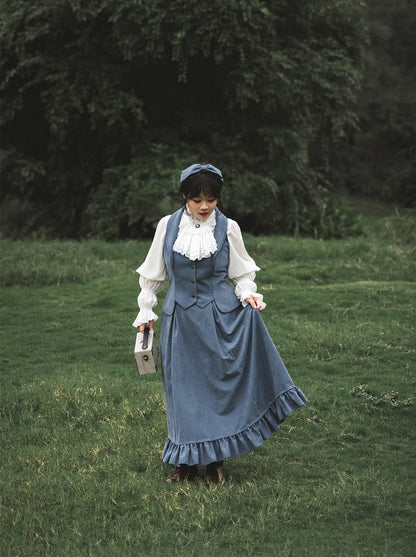 Classical Retro Blouse + Colored Vest + Flared Long Skirt