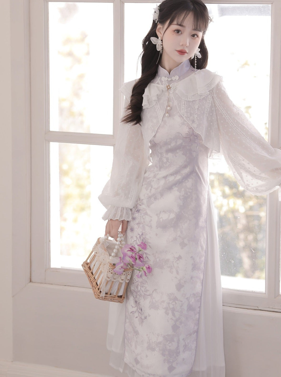 Light Purple Flower Chinese-style Dress + Ruffle Sheer Cardigan