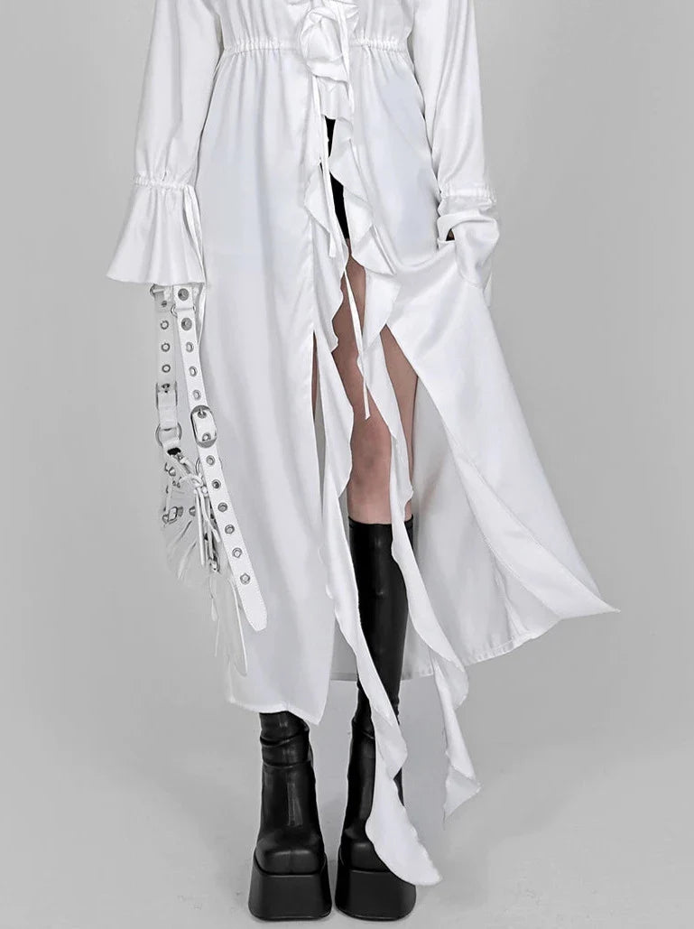 Ruffle Lace Drawstring Waist Shirt Extra Long Jacket