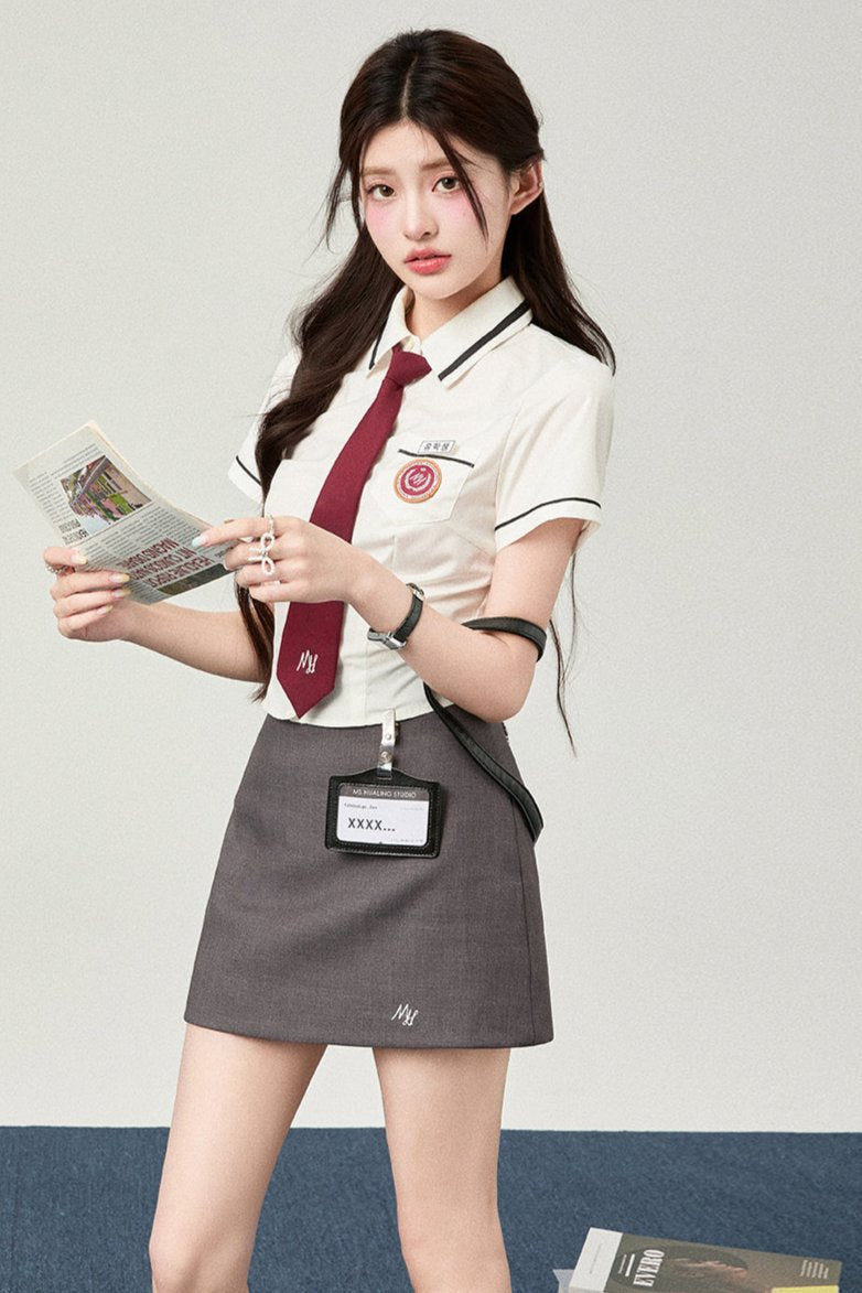 Short Sleeve Slim Waist Shirt + Hip Skirt