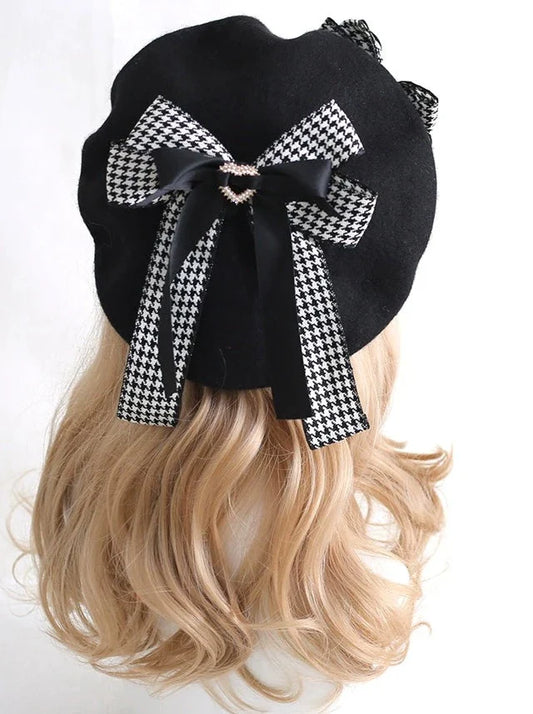 Houndstooth Ribbon Beret