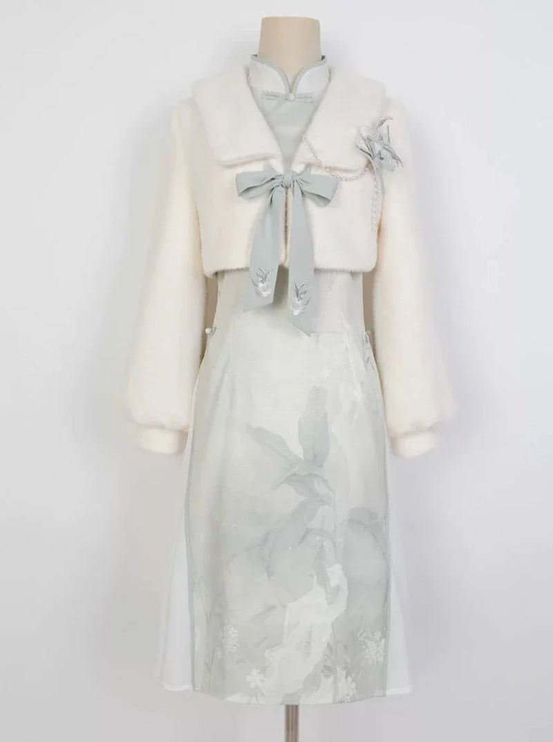Retro Chinese-style Dress + Ribbon Short Fur Coat