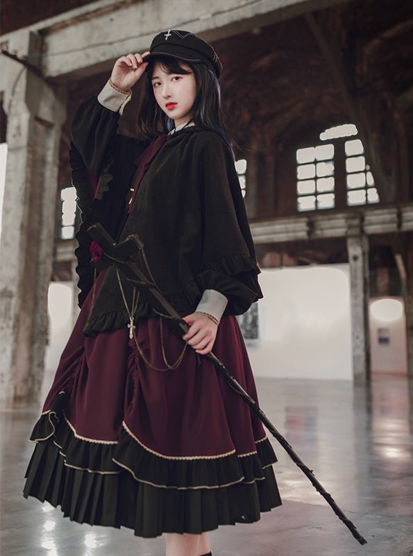 Faux Two Piece Pleated Cape Dark Gothic Dress