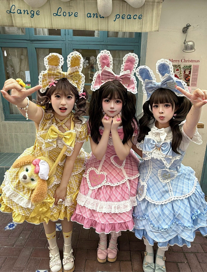[pre-order Deadline: May 10] Blue/yellow/pink Sweetheart Lolita Ribbon Puff Sleeve Tiered Dress + Bunny Ear Full Set + Cat Ear Full Set