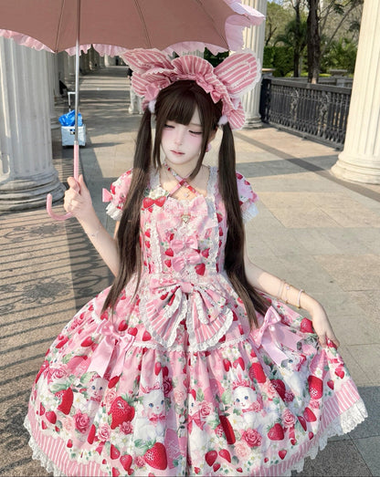 [pre-order Deadline: April 29] Strawberry Rabbit Print Lace Ribbon Sweet Dress + Complete Set