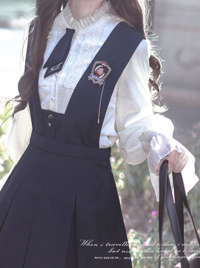 College Style Retro Ruffle Chiffon Blouse + Cyan Dress + Beret + Emblem + Necktie