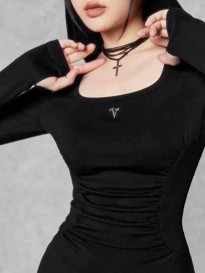 Dark Square Halter Neck Off-shoulder Hooded Dress