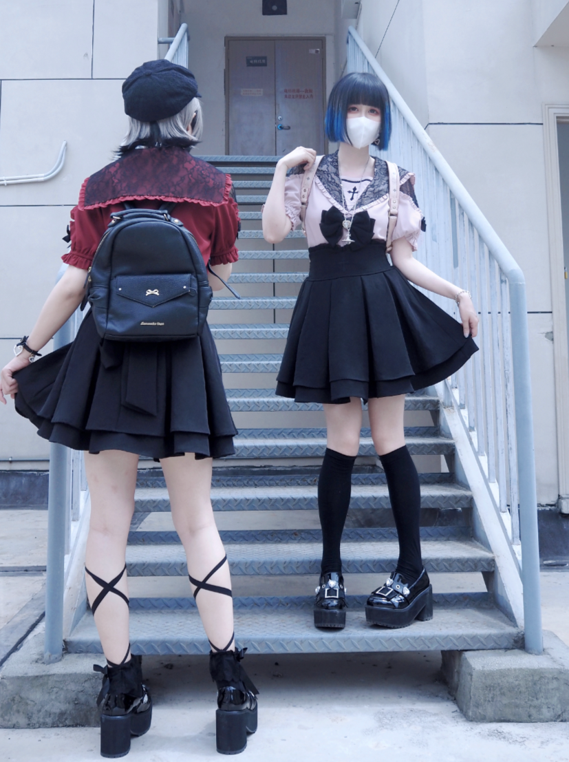 [pre-order] Lace Cross Collar Top + High Waist Skirt