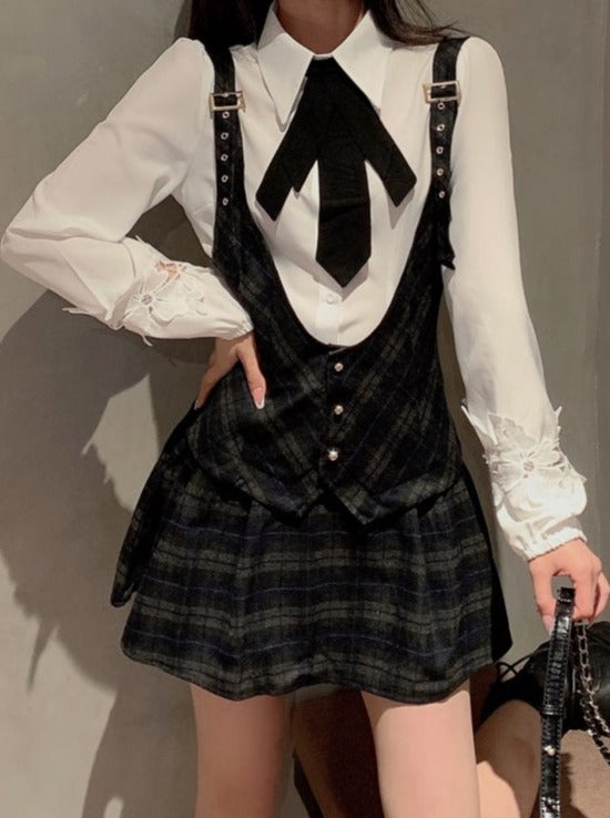 Bow Tie Shirt + Strap Plaid Jumper Skirt