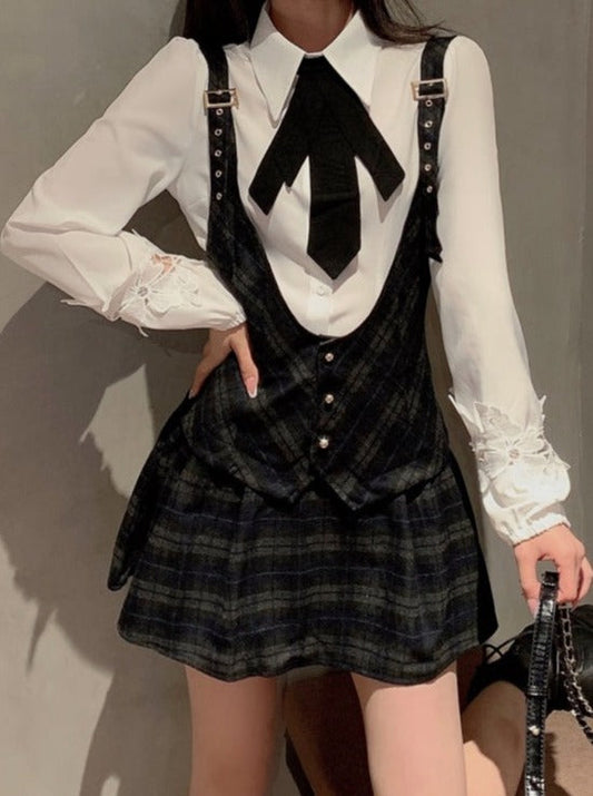 Bow Tie Shirt + Strap Plaid Jumper Skirt