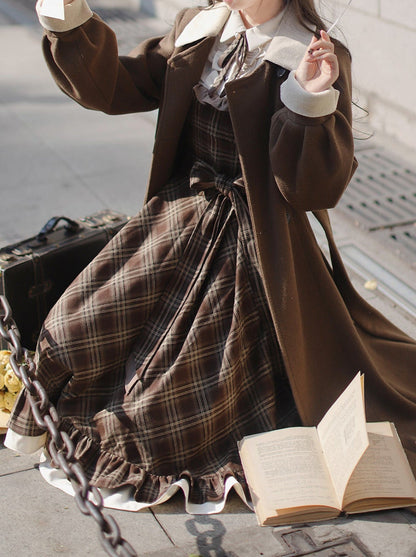 Retro Brown Plaid Volume Sleeveless Layered Dress + Pearl Ribbon Accessory + Classic Belt Coat [pre-order]