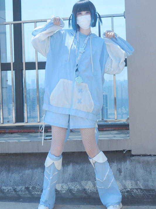 [angel Style] Aqua Angel Subculture Hooded Hoodie + Ribbon Shorts + Leg Warmers