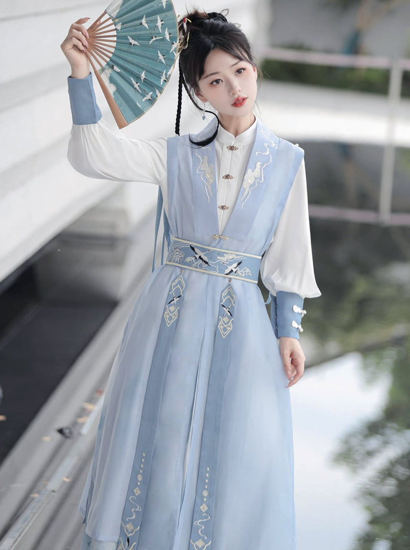 [pre-order] Light Blue Chinese-style Skirt + Tassel Long Vest + Chinese-style Blouse + Chinese-style Design Belt