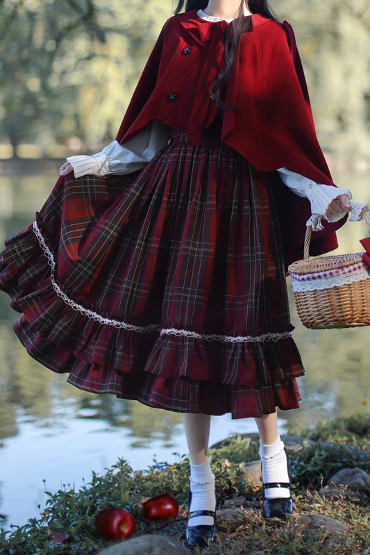 Little Red Riding Hood Cape Ribbon Coat + Pleated Collar Shirt + Plaid Tiered Dress + Head Scarf