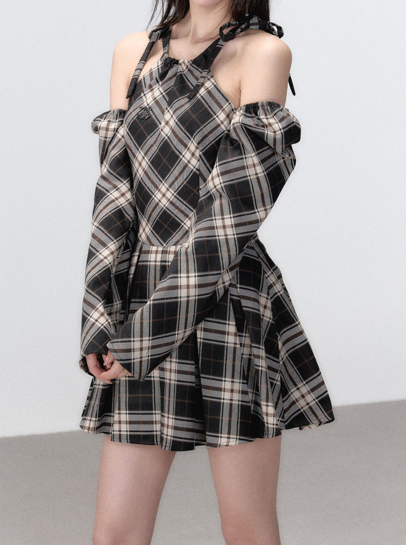 French Suspender Plaid Ribbon a Line Dress