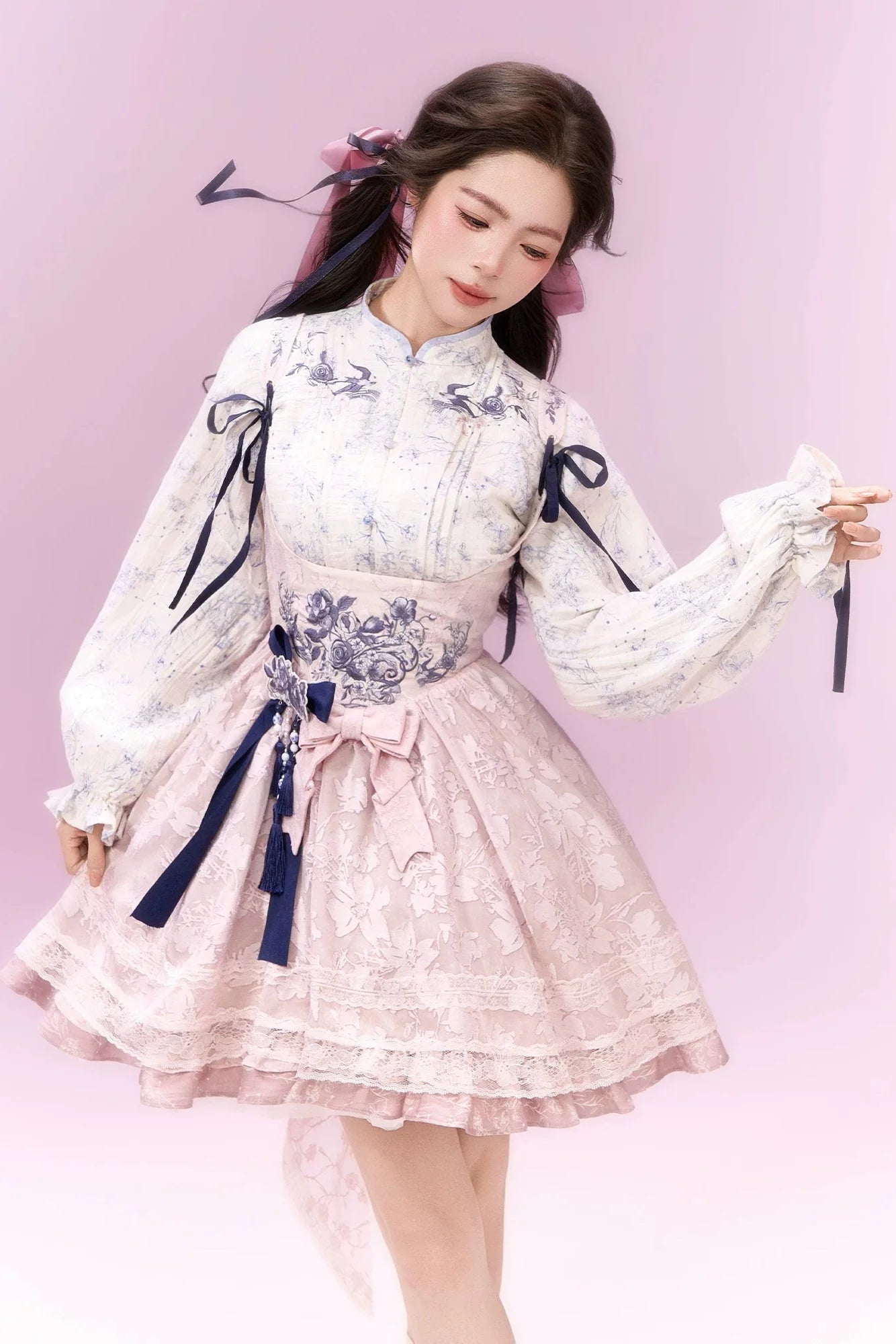Sweet Chinese-style Dress + Top + Ribbon