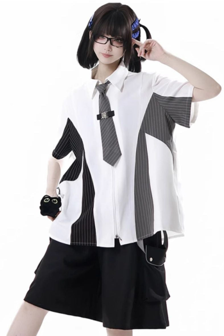 Stripe Stitch Design Shirt + Hooded Shirt + Shorts + Culottes + Tie