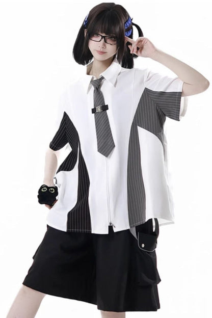 Stripe Stitch Design Shirt + Hooded Shirt + Shorts + Culottes + Tie