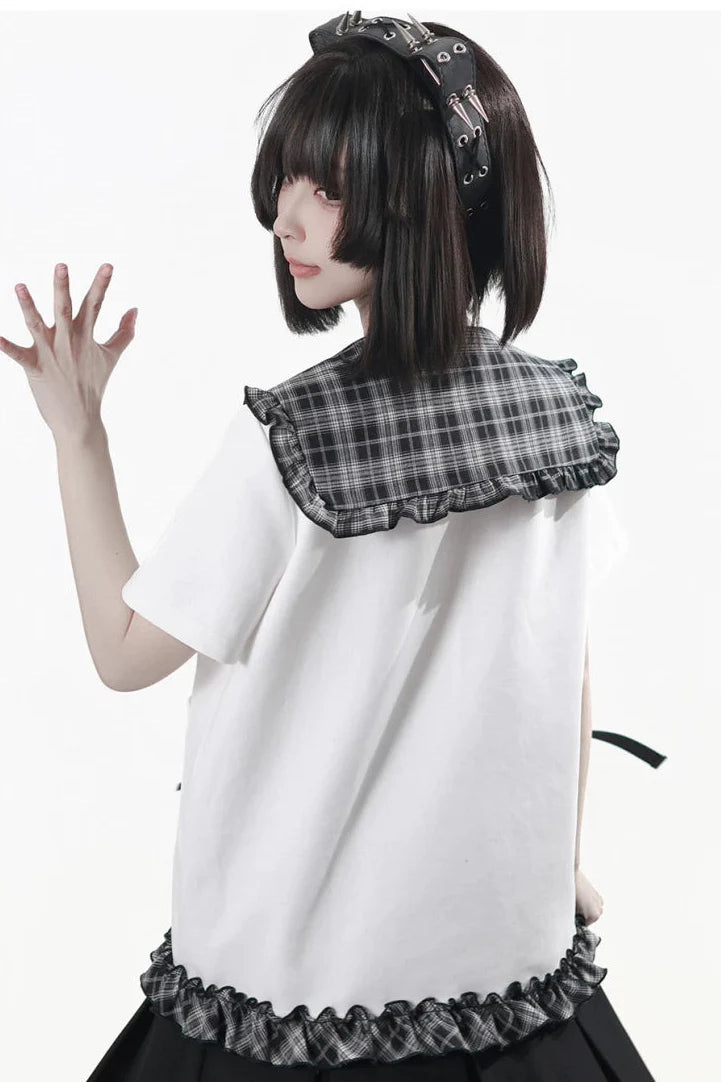 Lapel Checkered Collar Top + Skirt + Pants + Leg Warmers