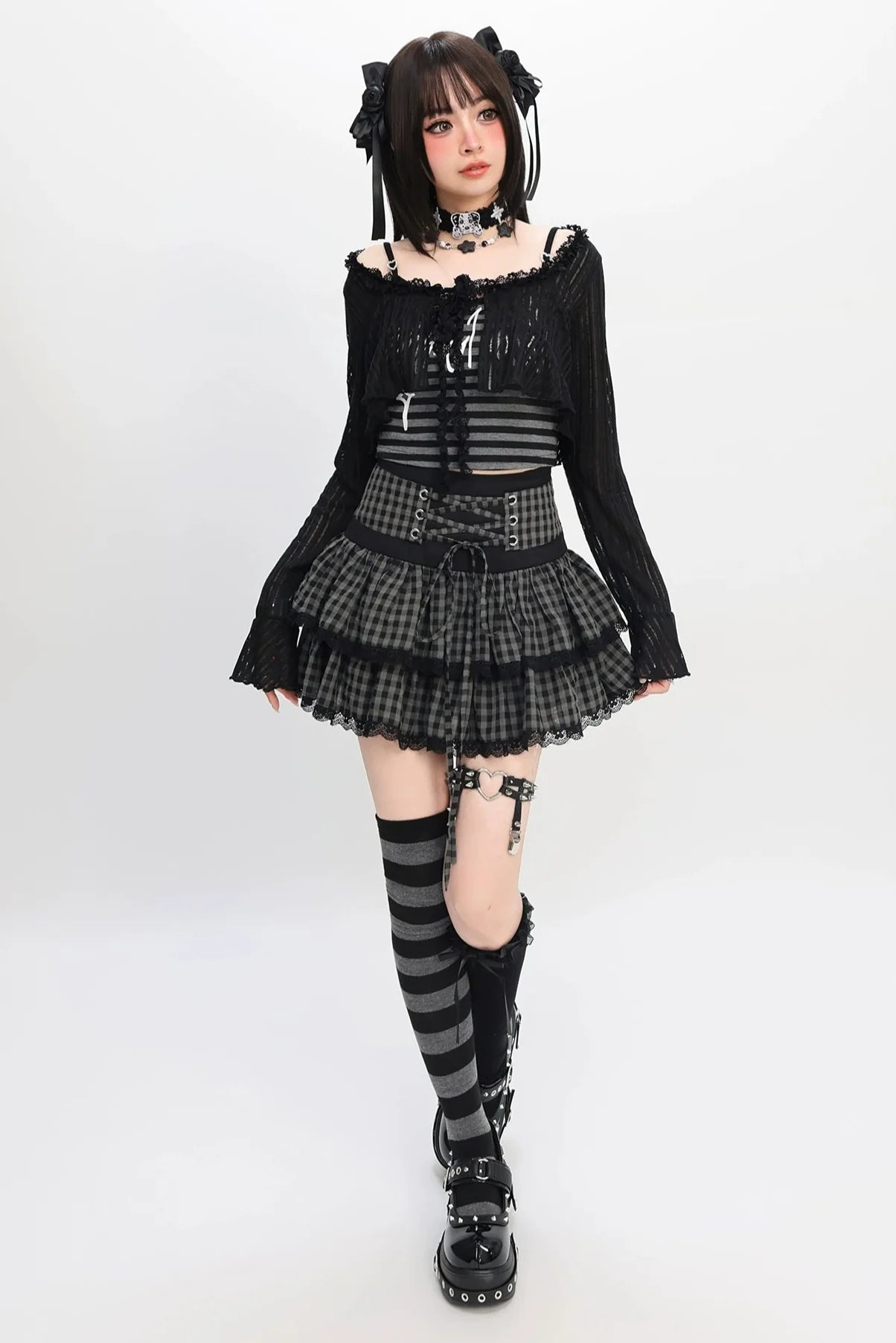 Jirai Y2k Dark Top + Lace-up Skirt