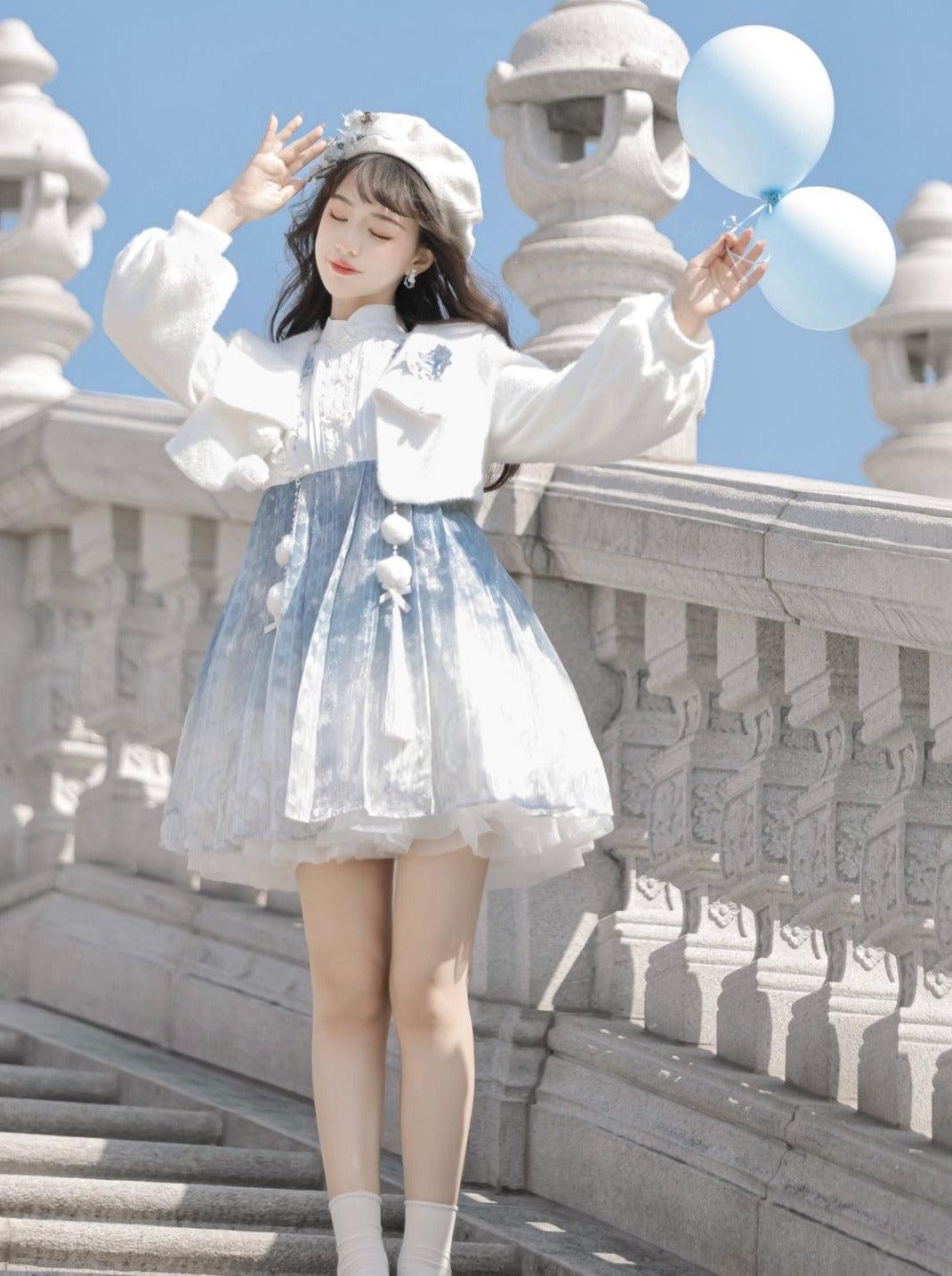 Ice Blue Chinese-style Dress + Fur Short Coat