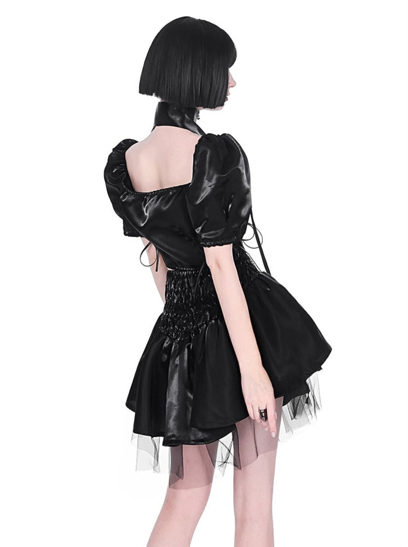 Cyberpunk Glitter Set Cross Neck Stole + Puff Sleeve Short Top + Lace Up Tulle Skirt
