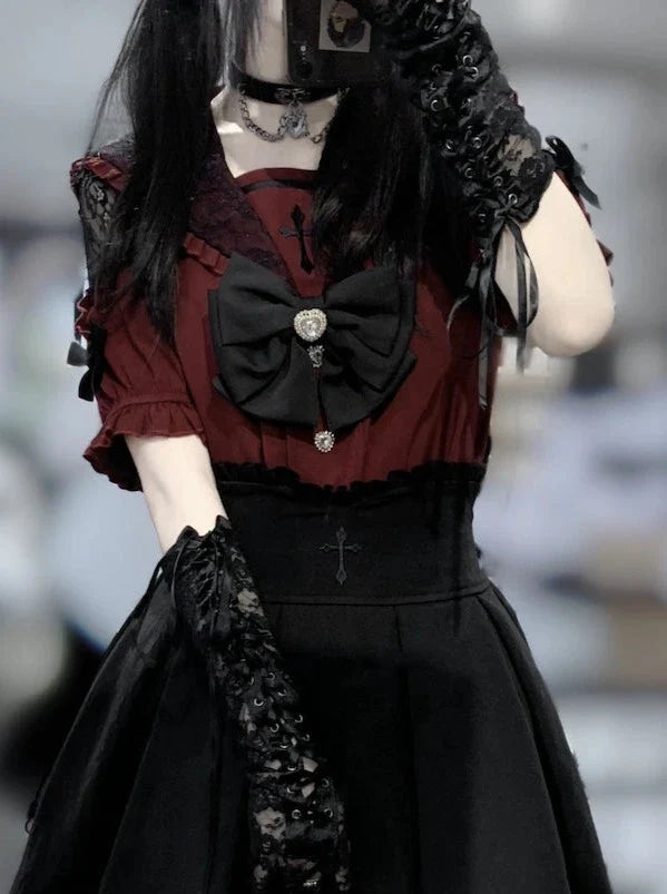 [pre-order] Lace Cross Collar Top + High Waist Skirt