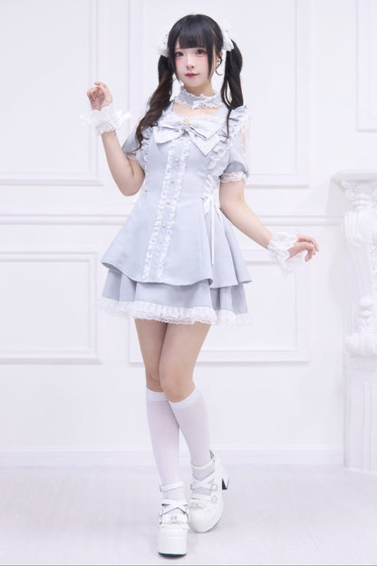 Jirai Stripe Lace Puff Sleeve Top + Short Skirt